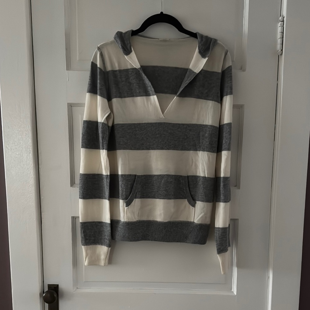 Jcrew Cashmere and Wool Gray and White Cream Striped Hoodie Sweater Sz Small